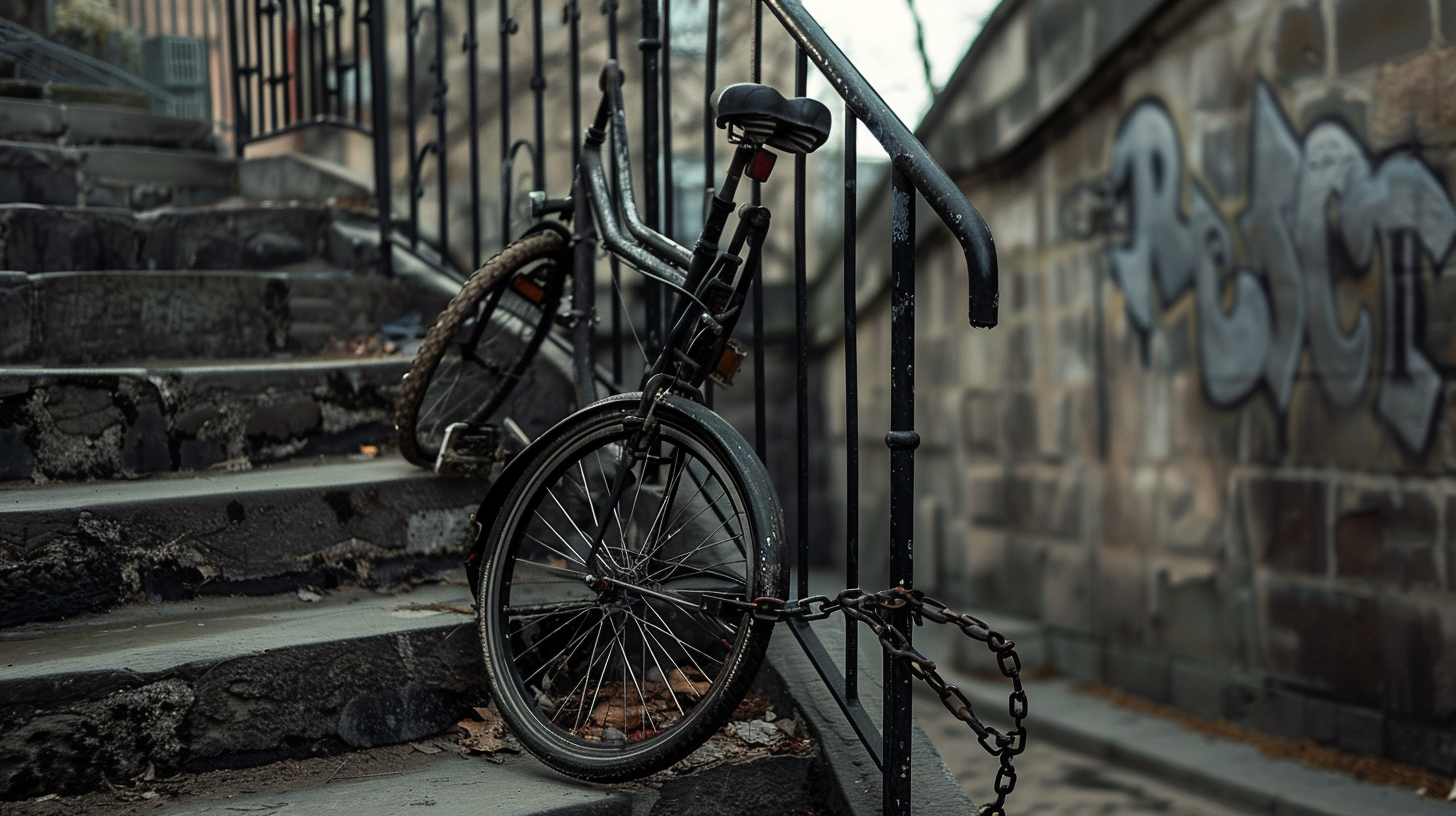 Chained Bicycle Slanted Stairs Sunlight