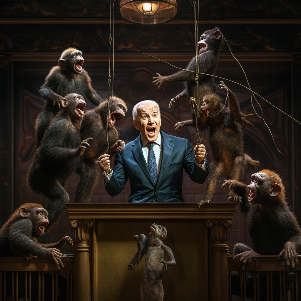 Joe Biden giving elegant speech with chimpanzees