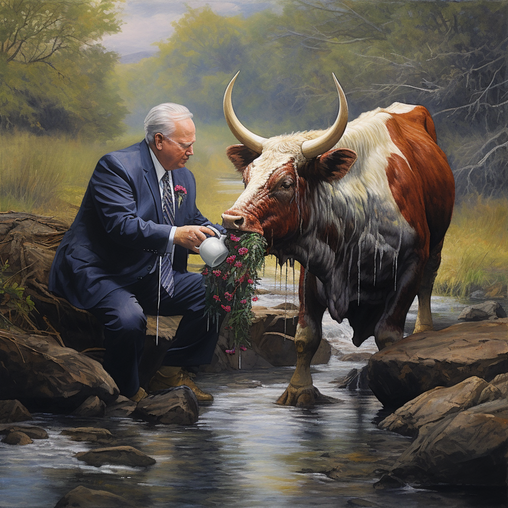 Renaissance painting of Biden milking a cow