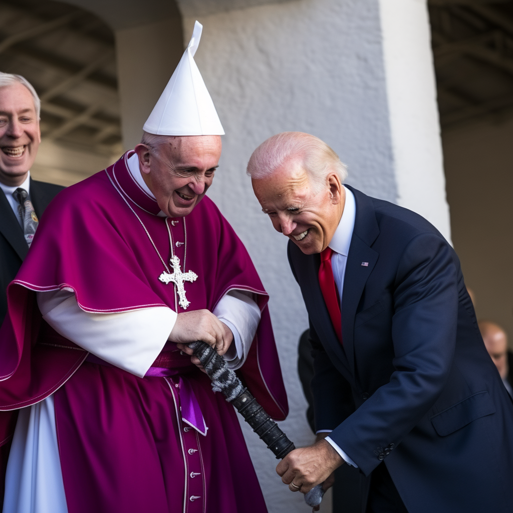 Joe Biden playing pin the tail on the donkey with the Pope