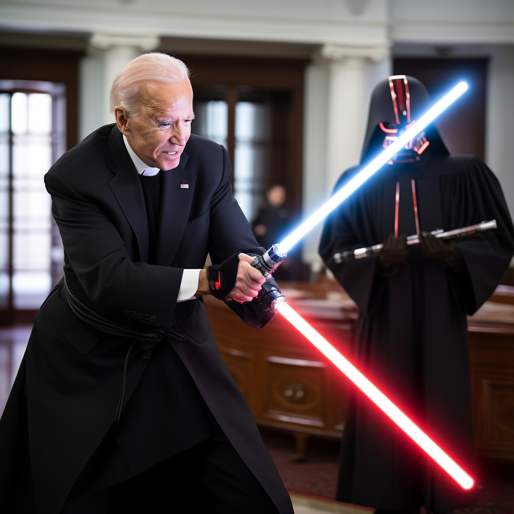 Biden wielding a lightsaber like a Sith Lord