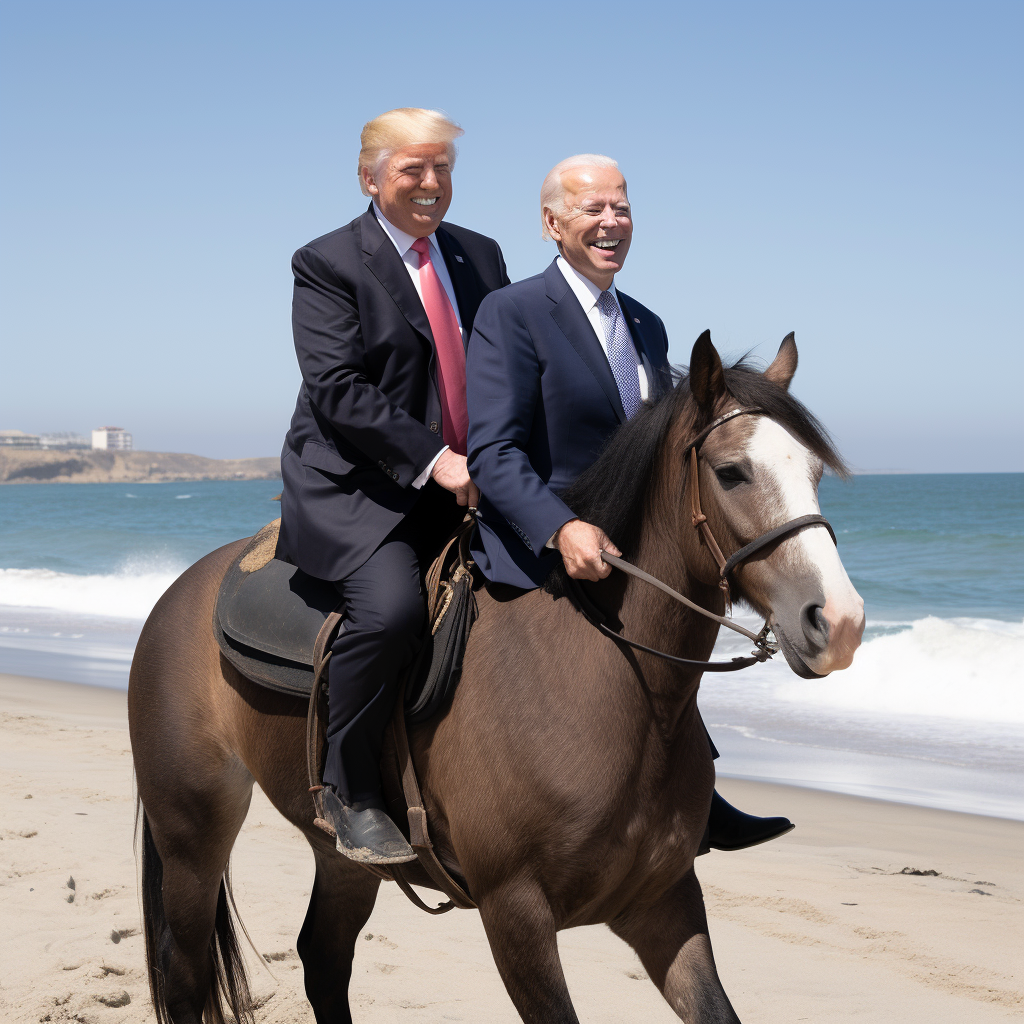 Joe Biden and Donald Trump riding horse on beach