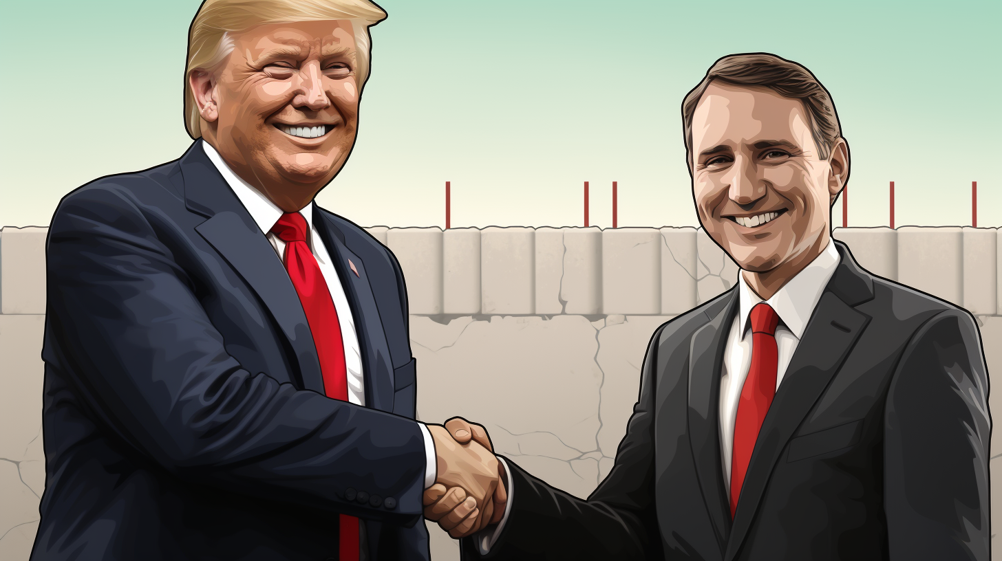 Biden and Trump shaking hands at border wall