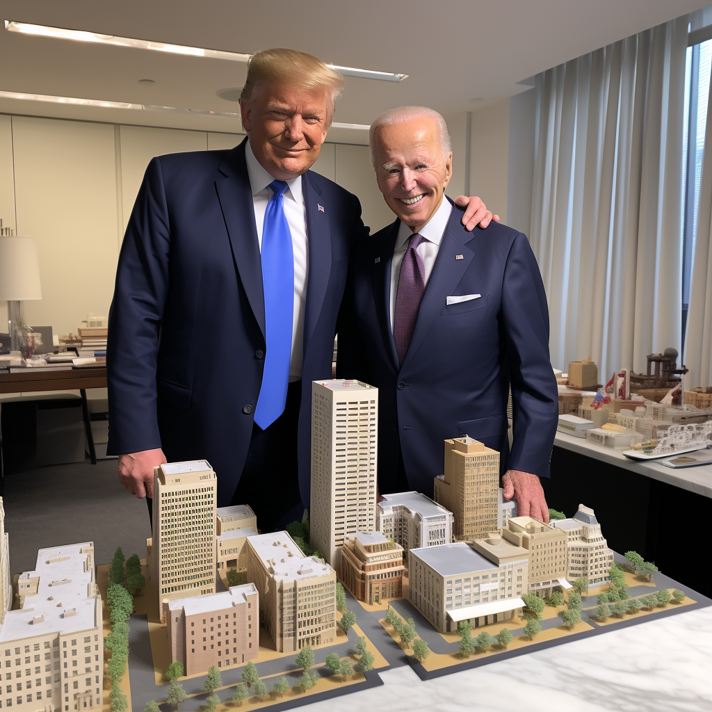 Joe Biden and Donald Trump modeling airplanes