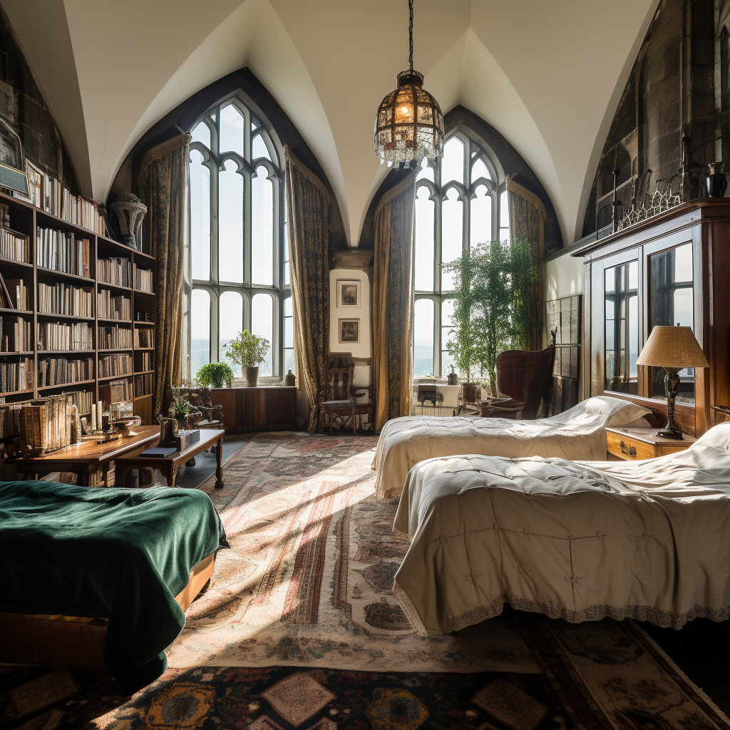 Cozy bedroom with three beds and books