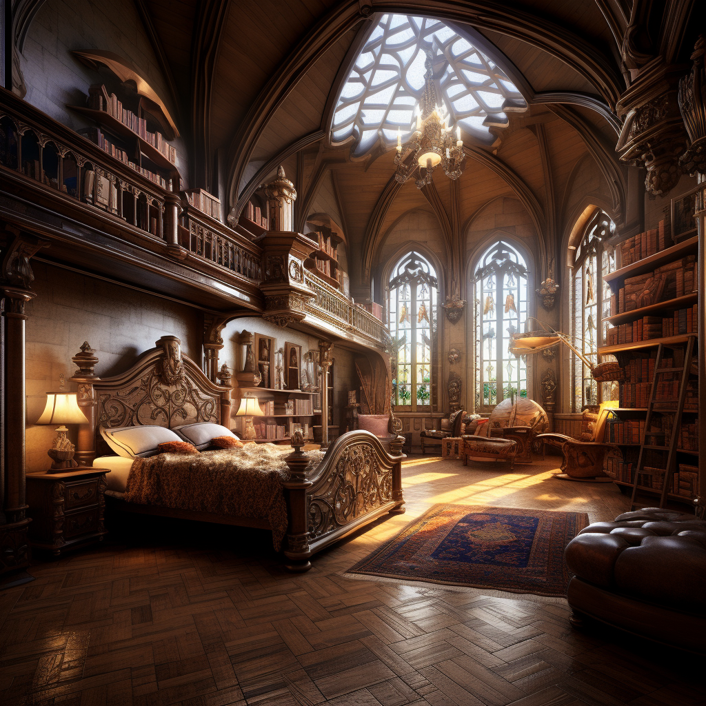 Cozy bedroom with books in castle