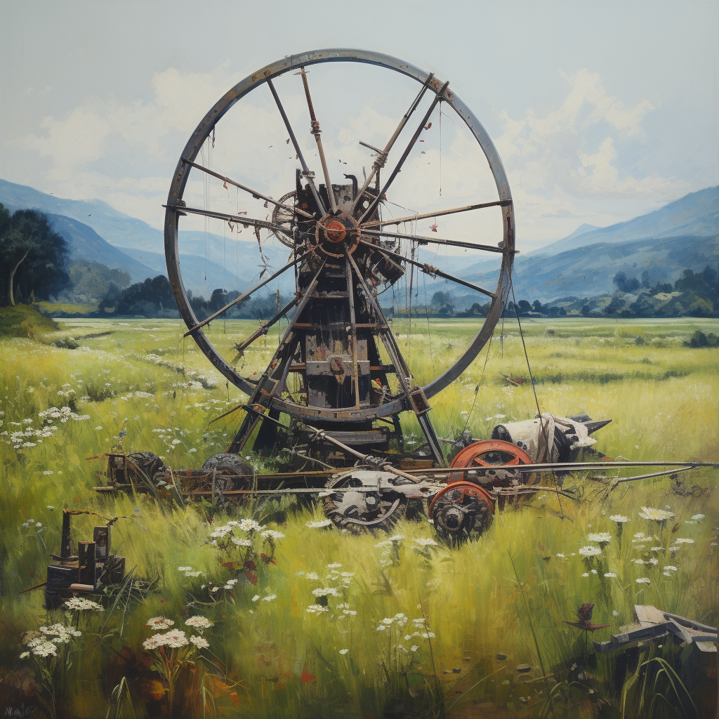 Large charkha spinning cotton in grass field