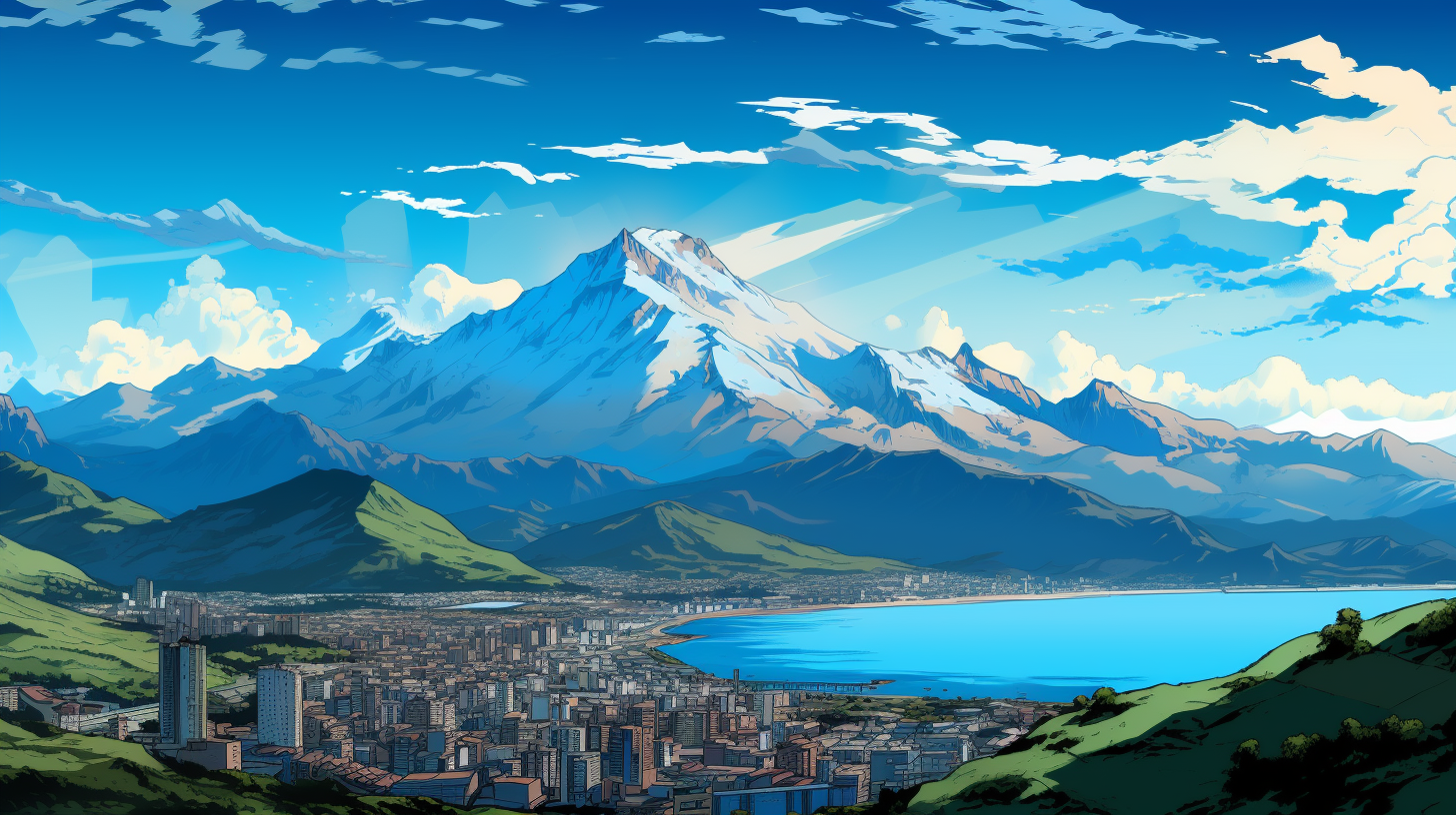 Manga-style big city landscape with mountains and Uruguay flag