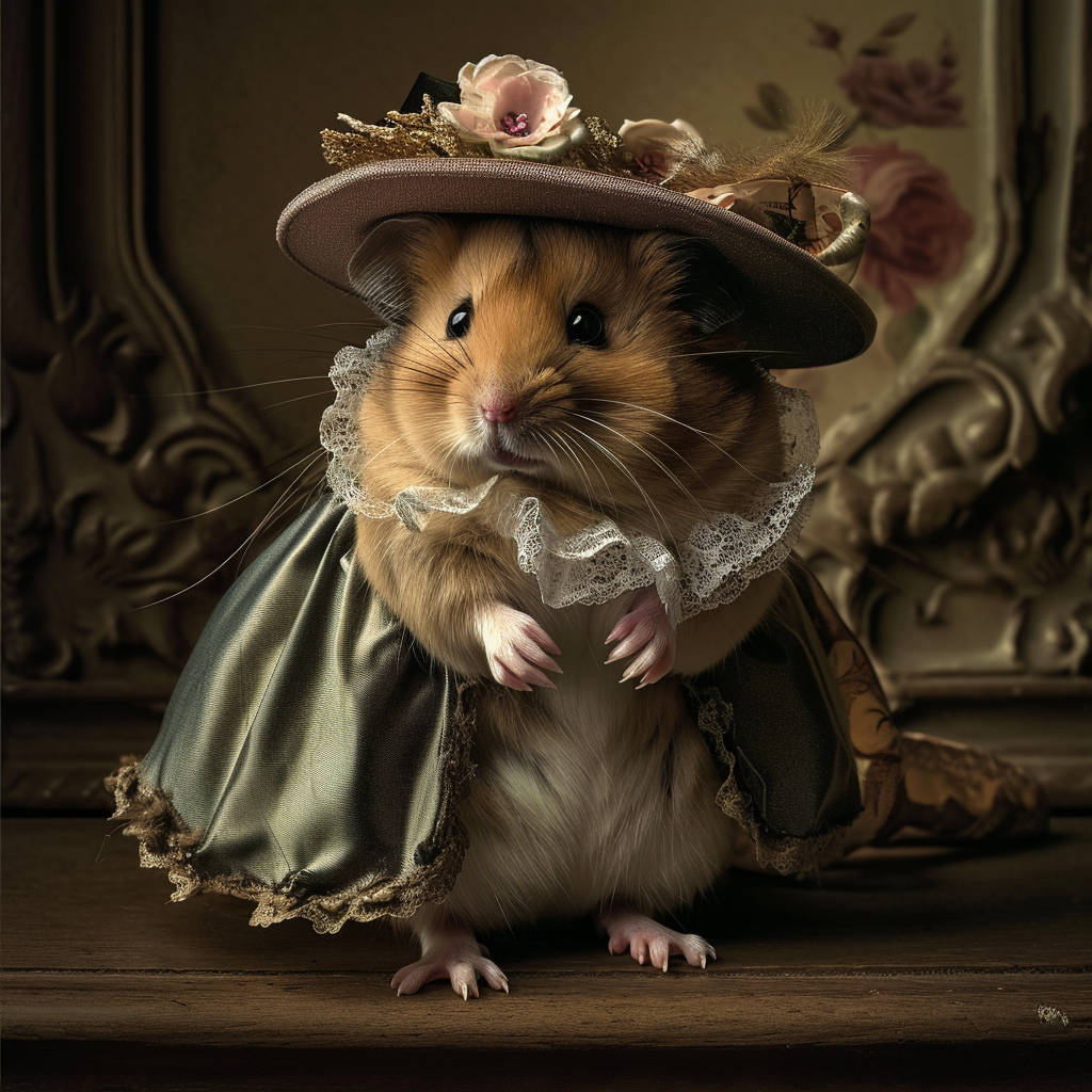 Big hamster in dress with fancy hat, makeup, and shoe on a dresser