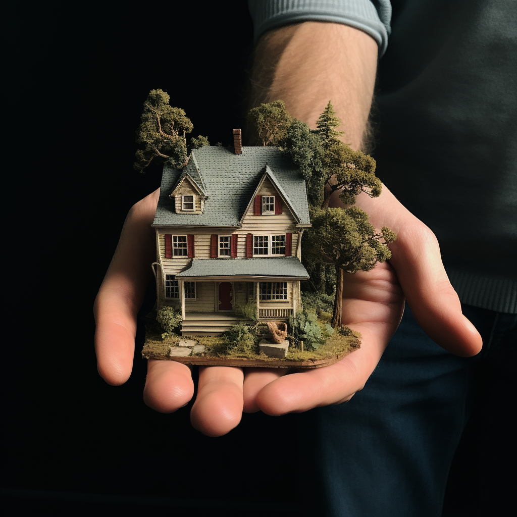 A person's hand carrying an entire house