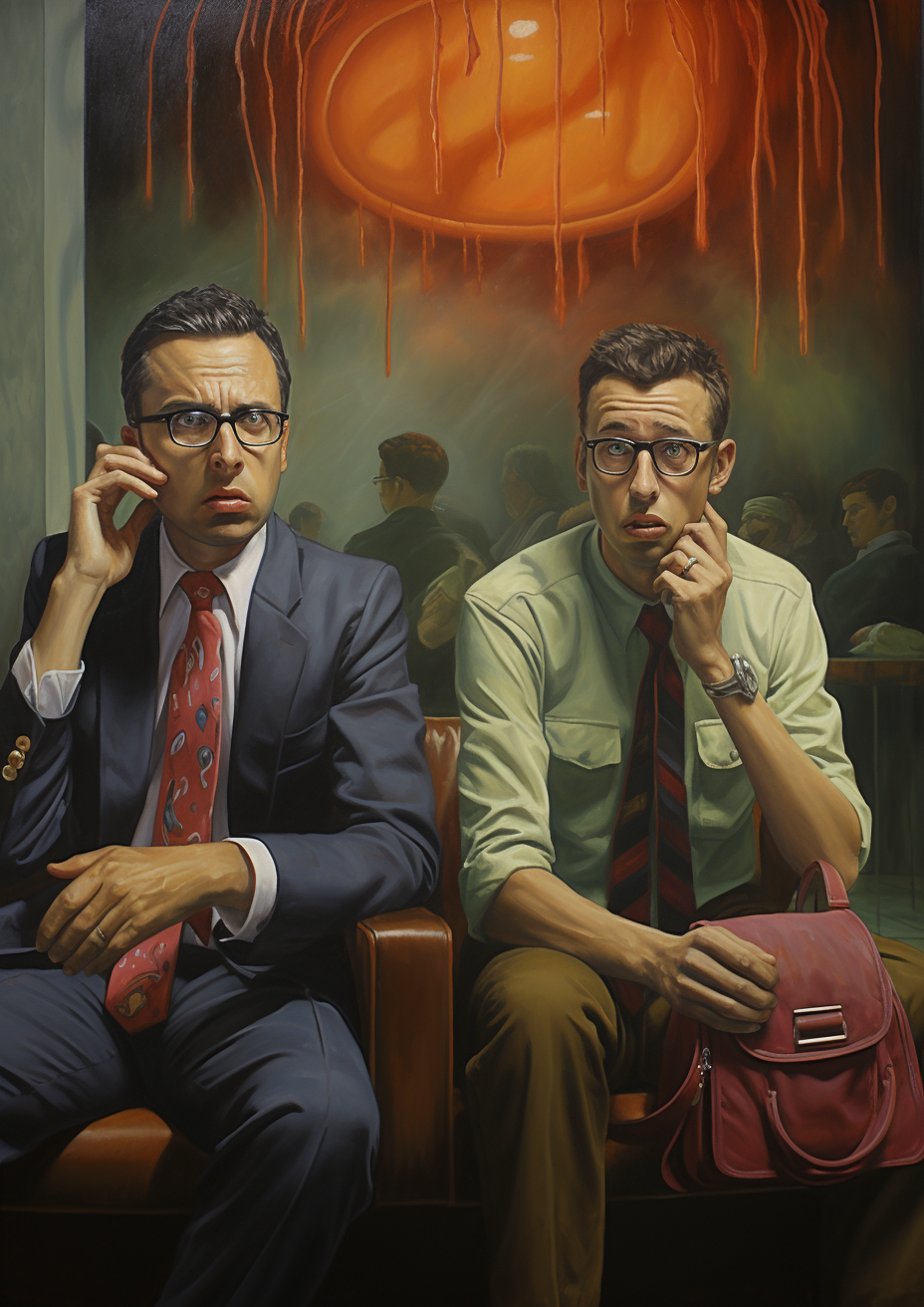 Retro oil painting depicting big interview panic