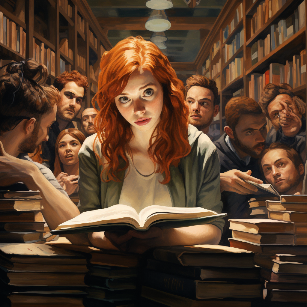 Redhead female reader in big library surrounded by books