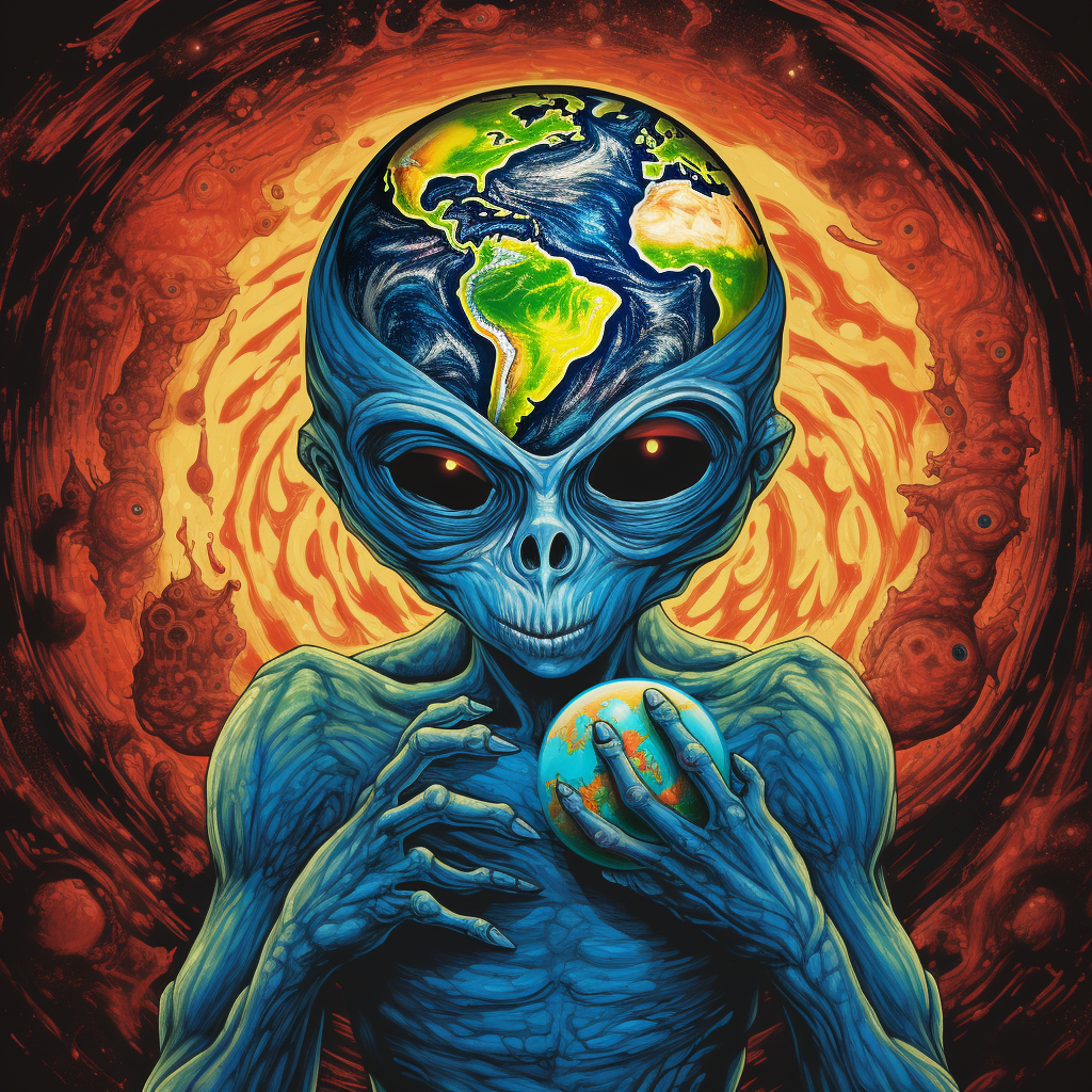 Psychedelic alien holding Earth