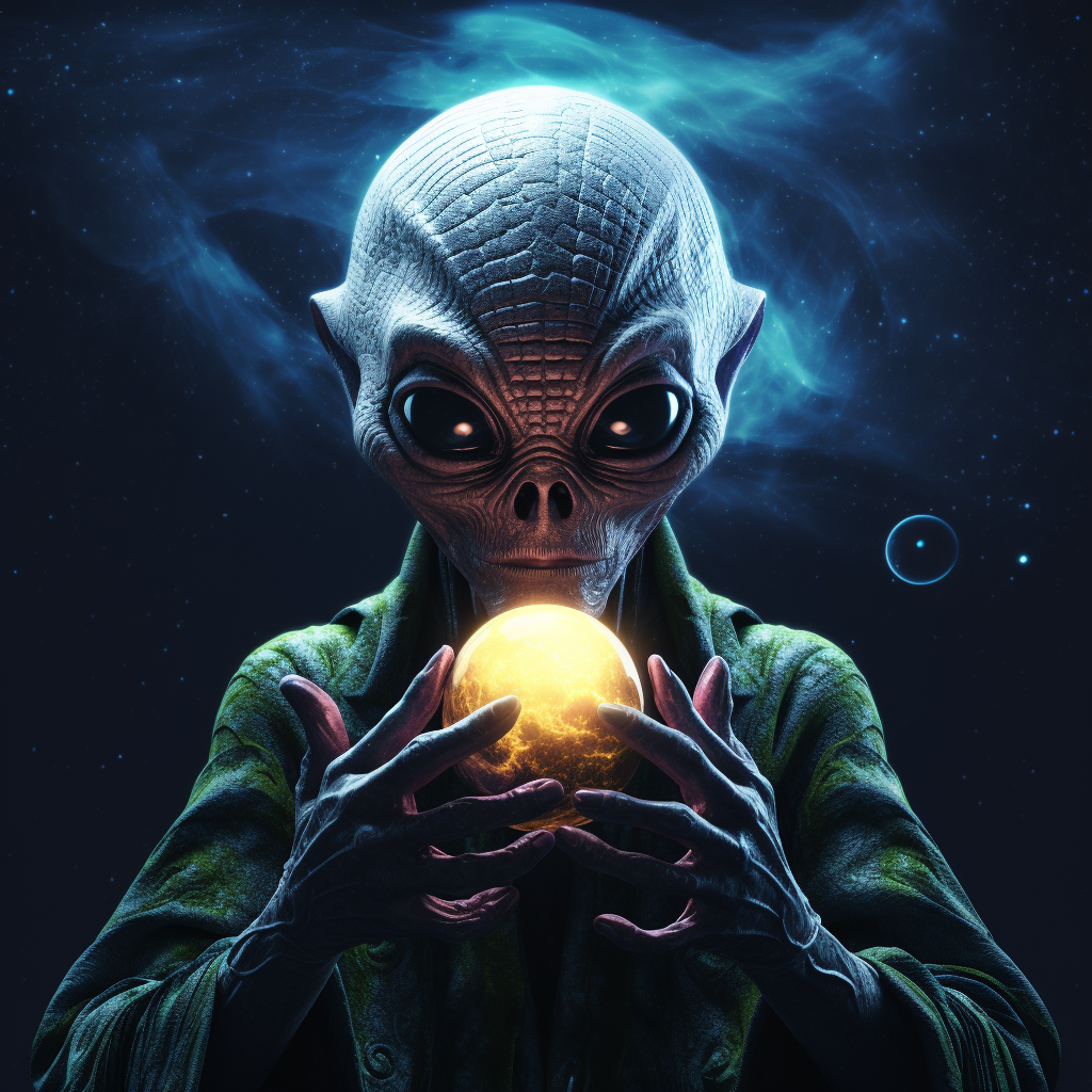 Realistic trippy alien holding moon