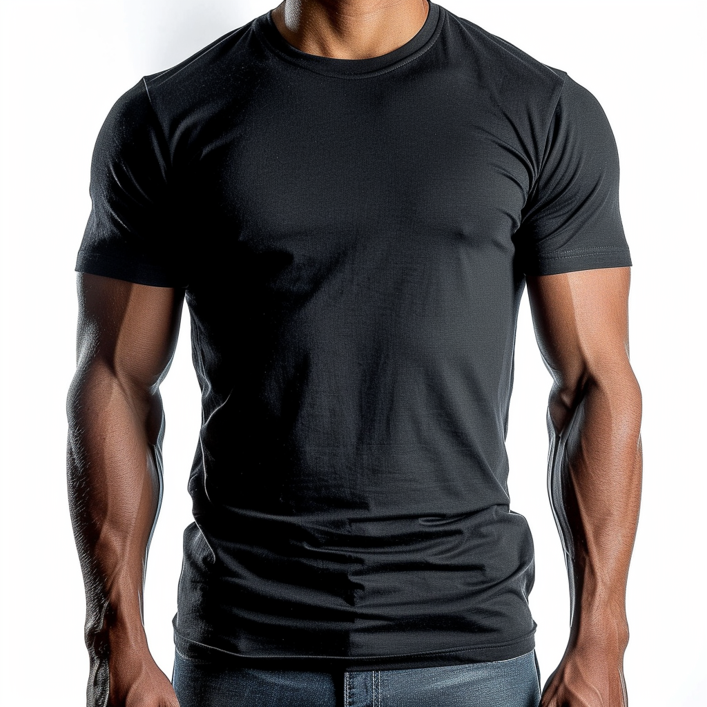 Big muscular male mannequin wearing black t-shirt