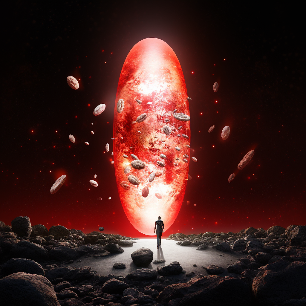 Red and white pill in space