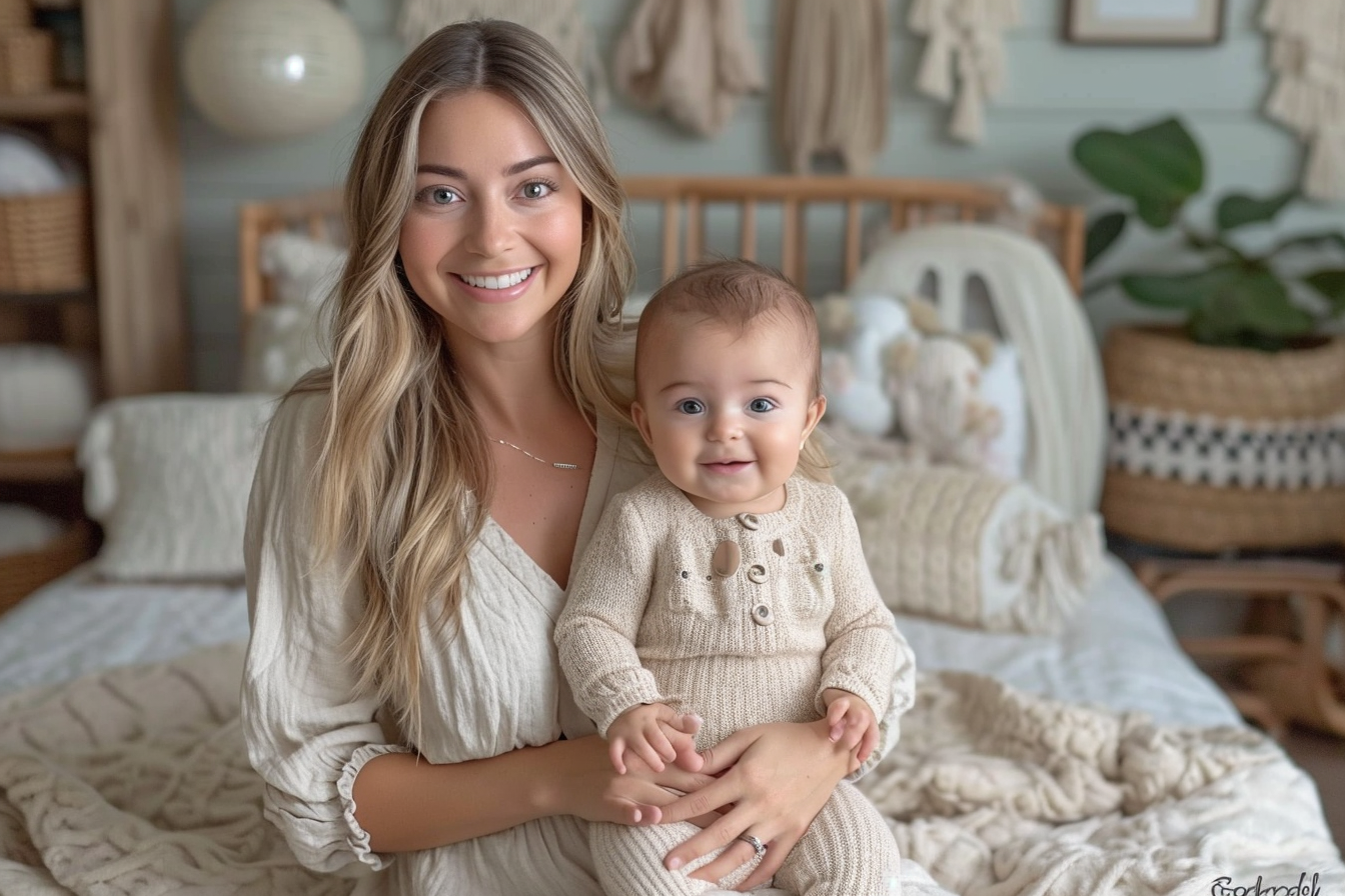 Mom holding baby in nursery room