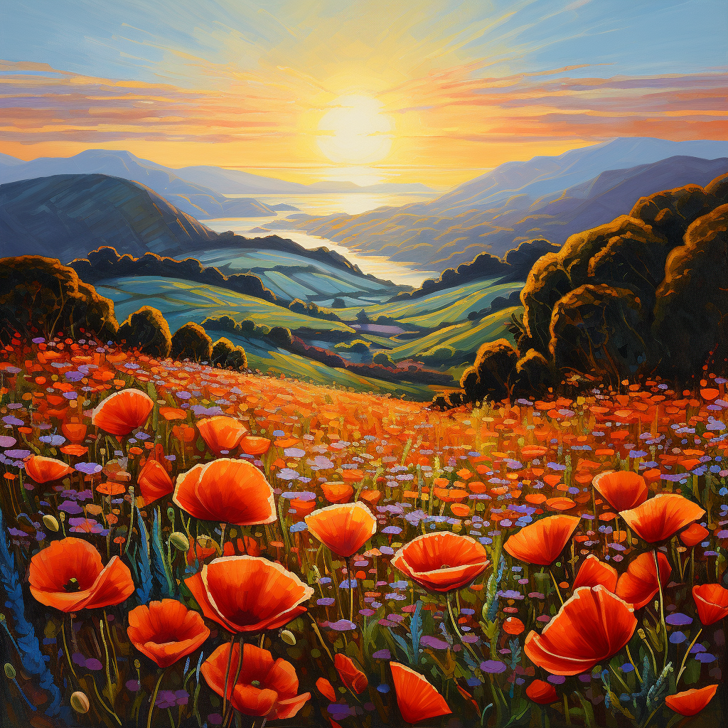 Impressionist painting of Big Sur with poppies at sunset