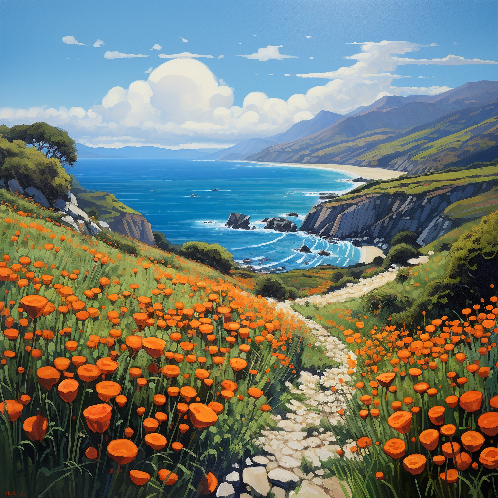 Beautiful Big Sur Landscape with Blooming Poppies