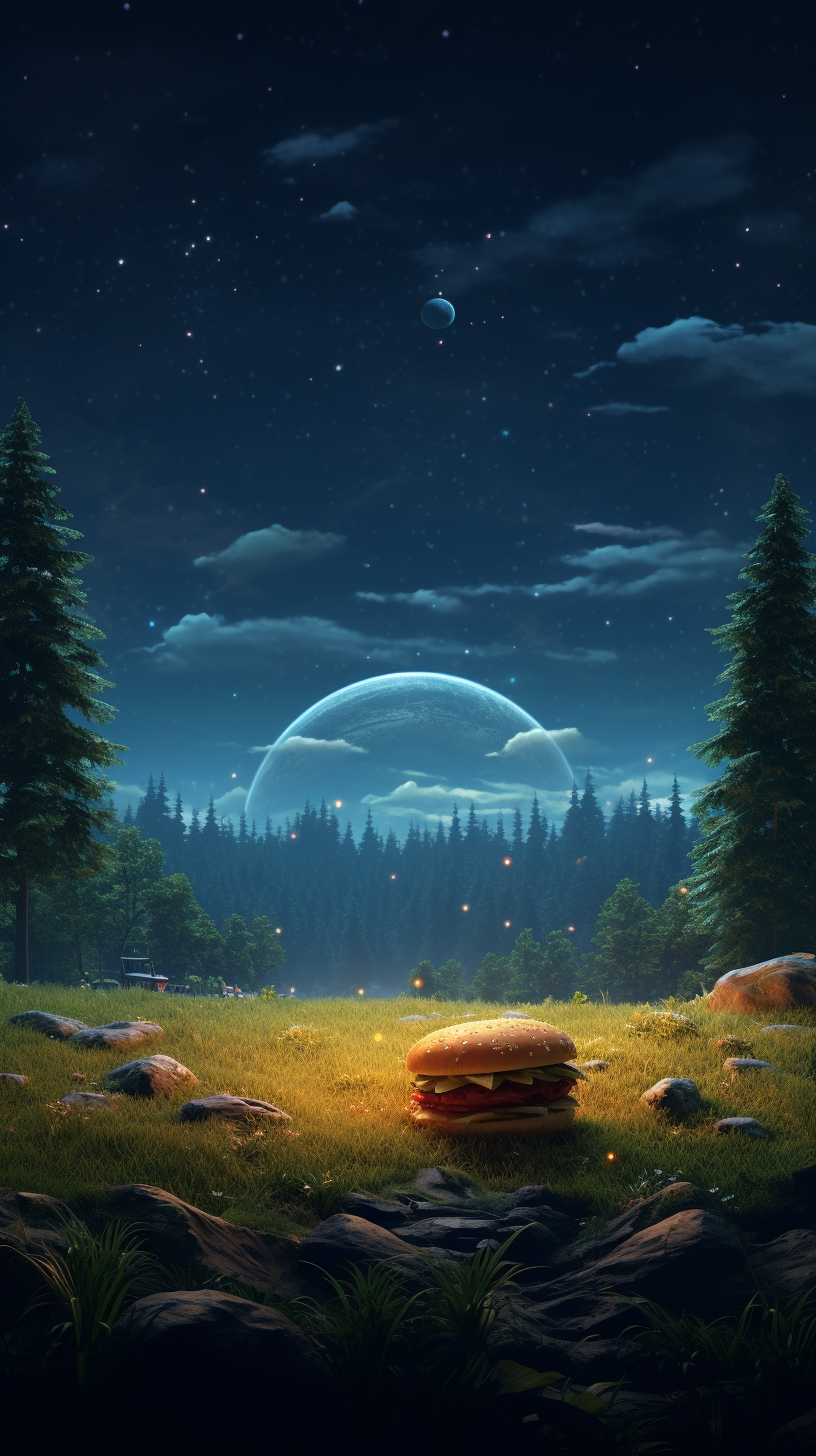 Enchanting bigfood roaming in forest meadow at night