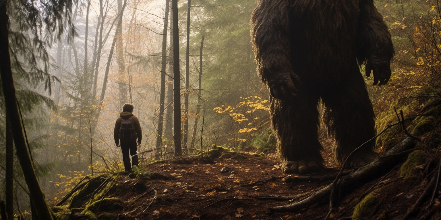 Bigfoot and Bear Surprised in Woods