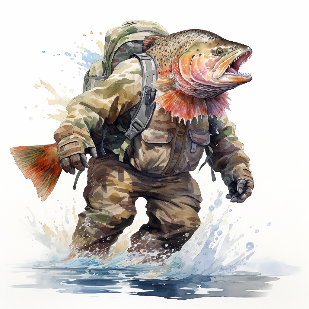 Bigfoot wearing camo clothing, holding a colorful rainbow trout