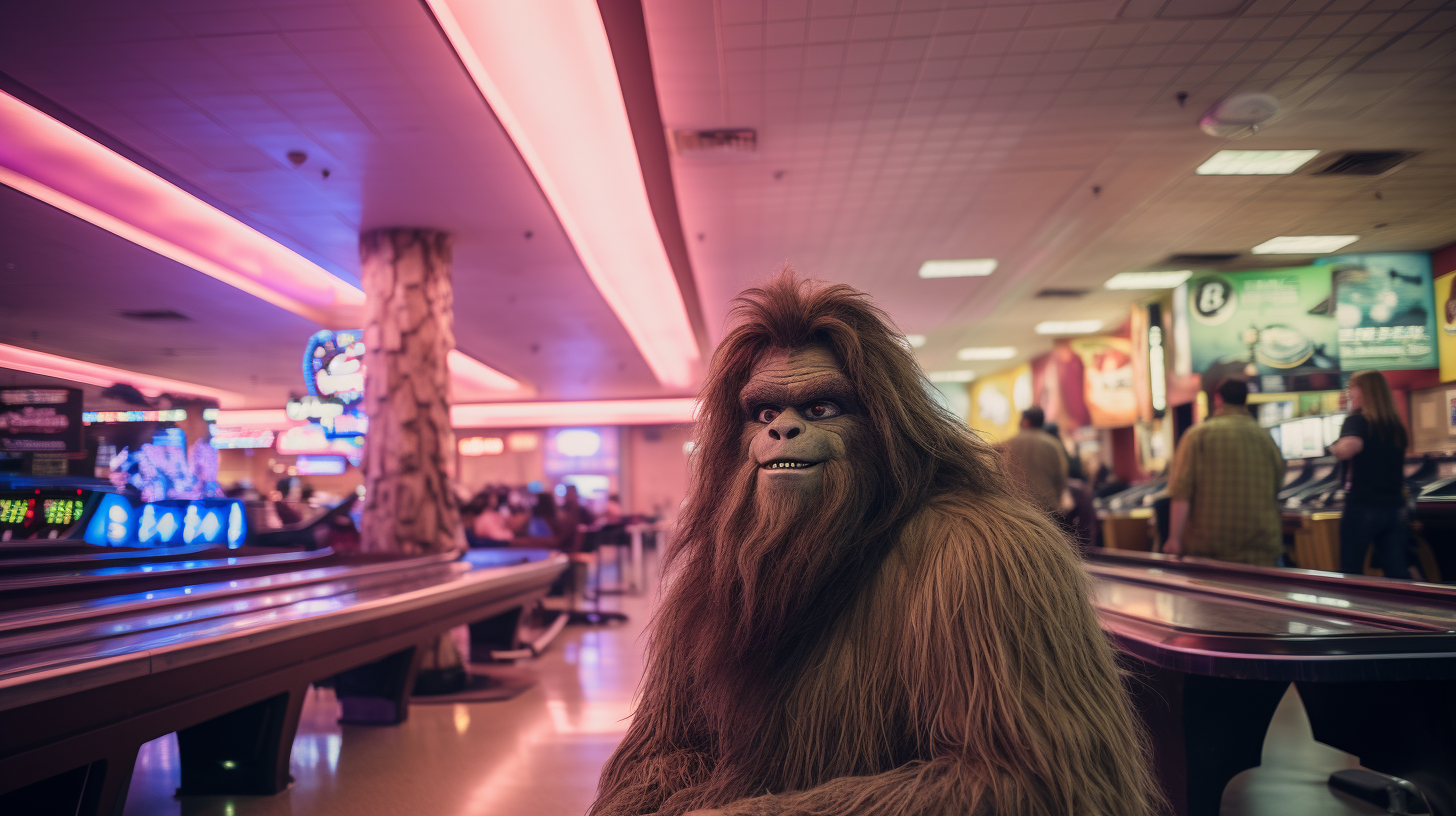 Bigfoot taking a selfie at the bowling alley