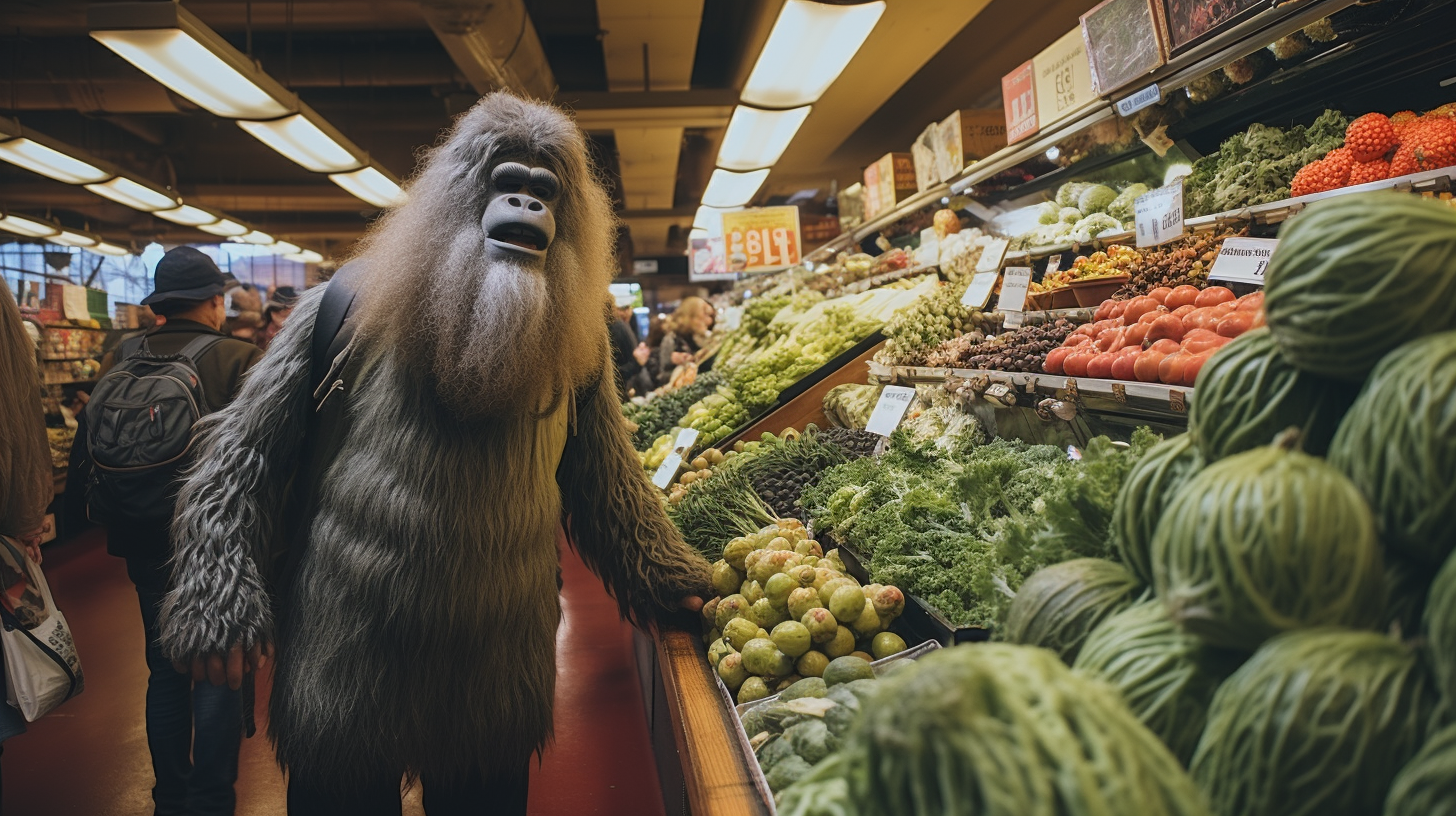 Bigfoot shopping for vegetables in Pike Place Market