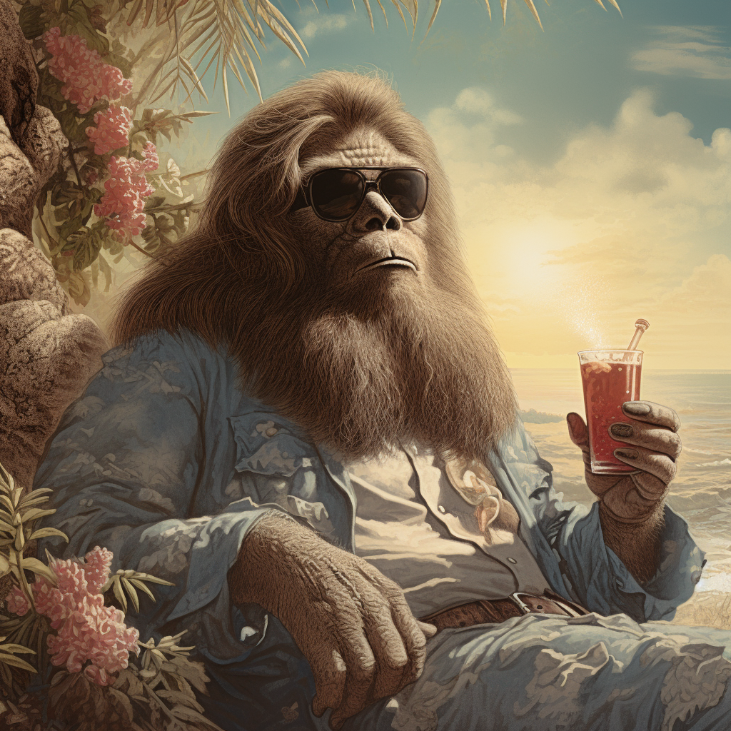 Bigfoot relaxing on the beach with a Margarita