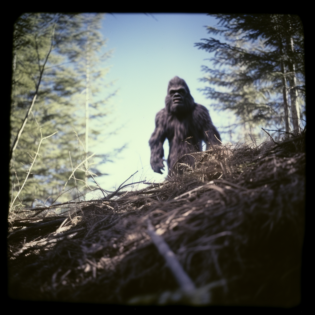 Realistic retro Bigfoot sighting photo