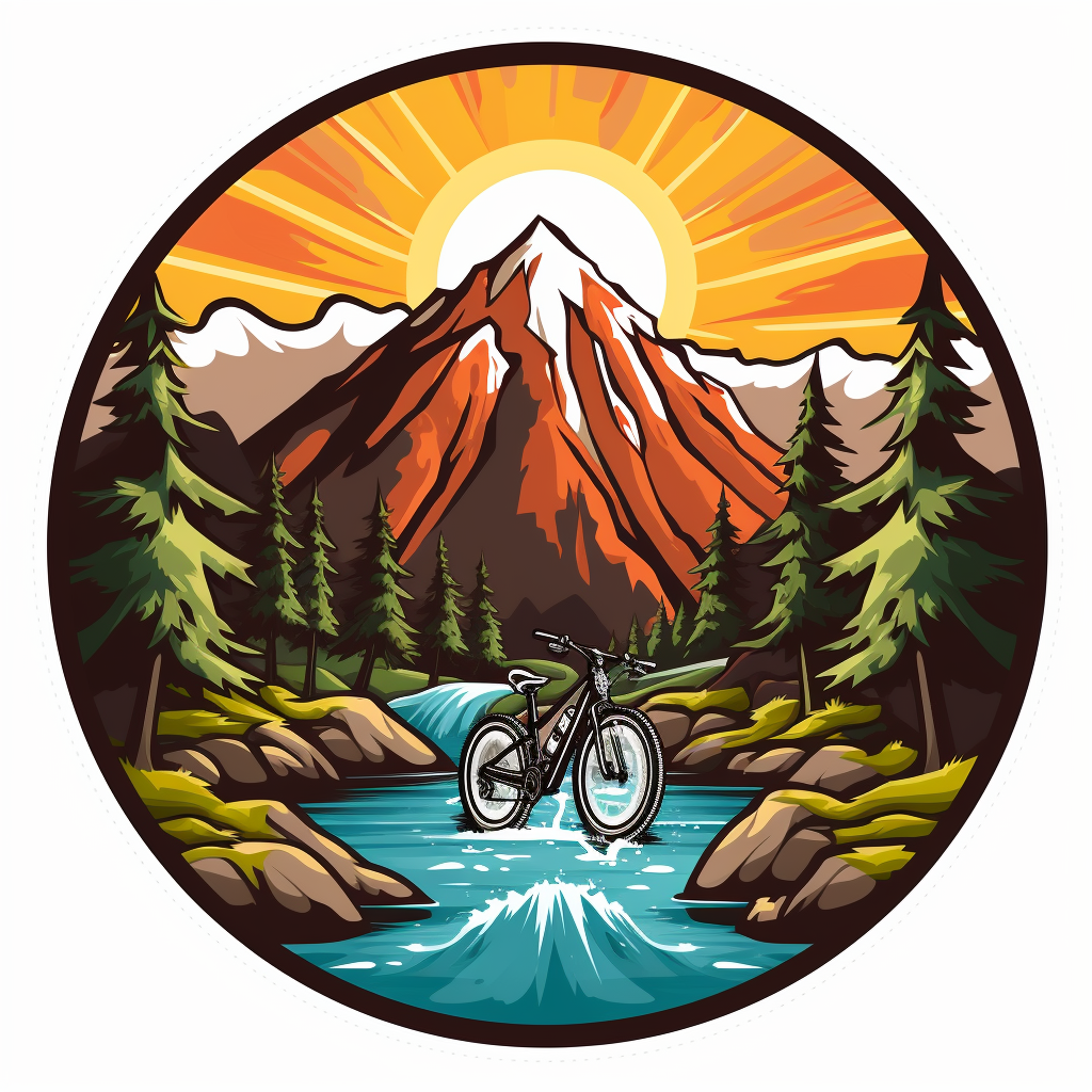 Circular vector logo of mountain bike with background elements