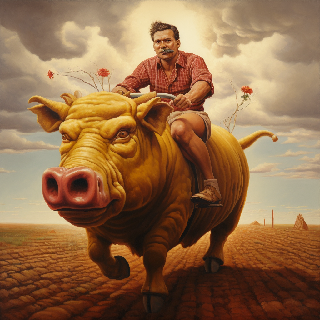 Man riding bike with pig