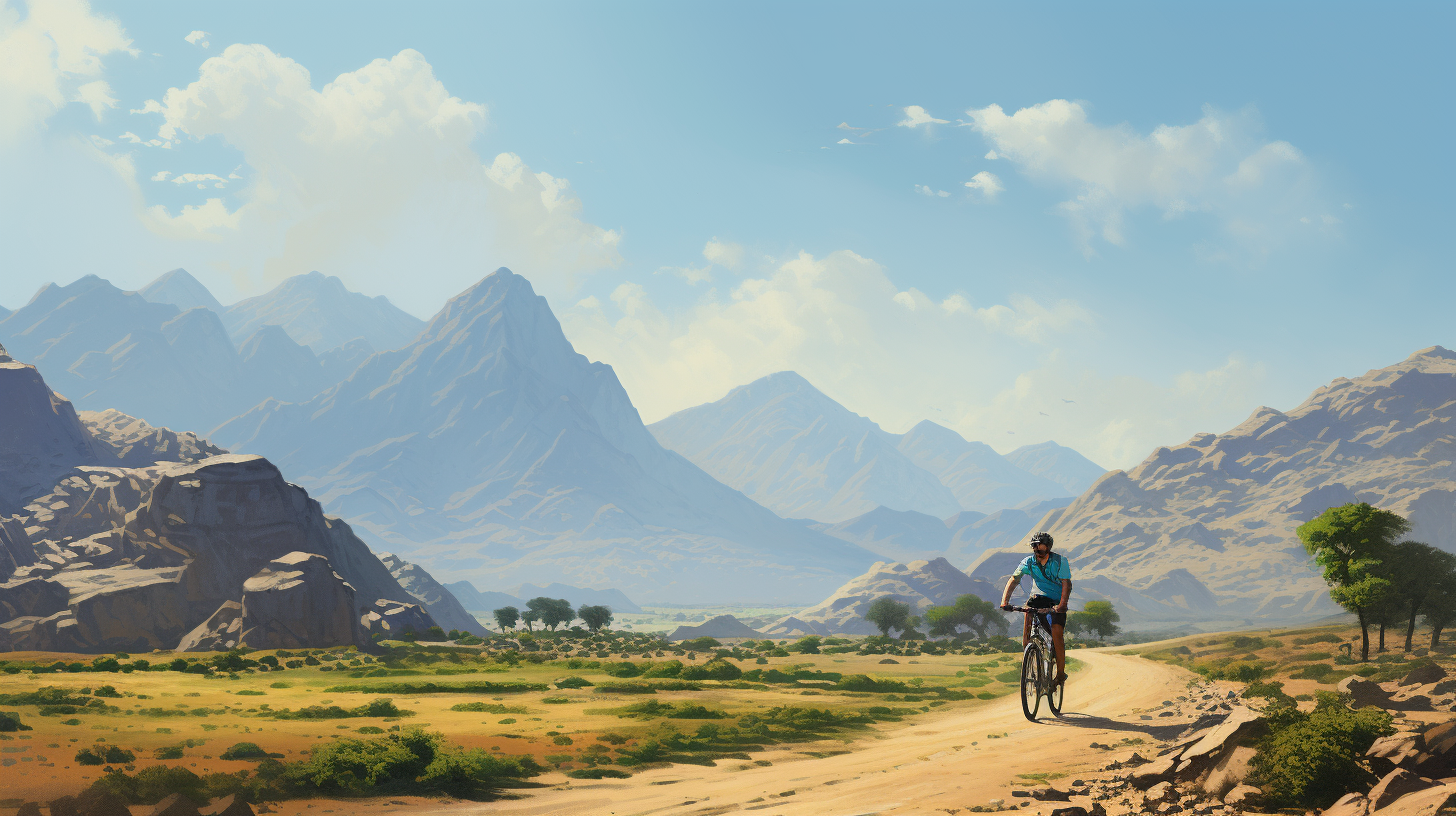 Man casually riding bike in Oman mountains