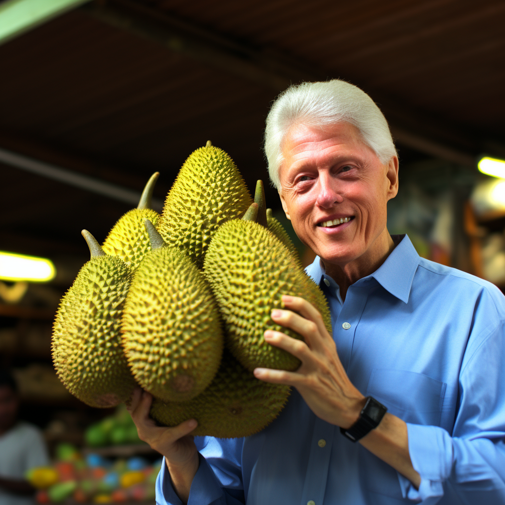 Bill Clinton enjoying durian fruit