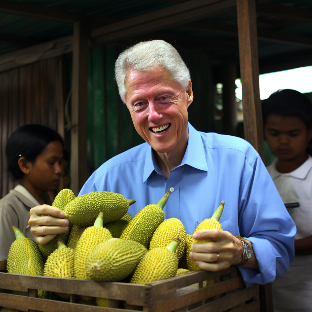 Bill Clinton enjoying durian fruit