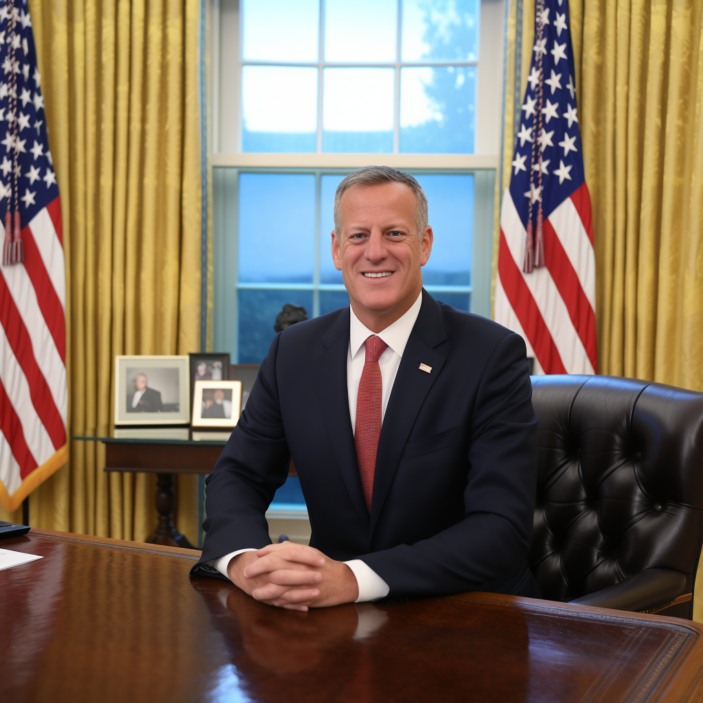 Bill de Blasio sitting at the Oval Office desk