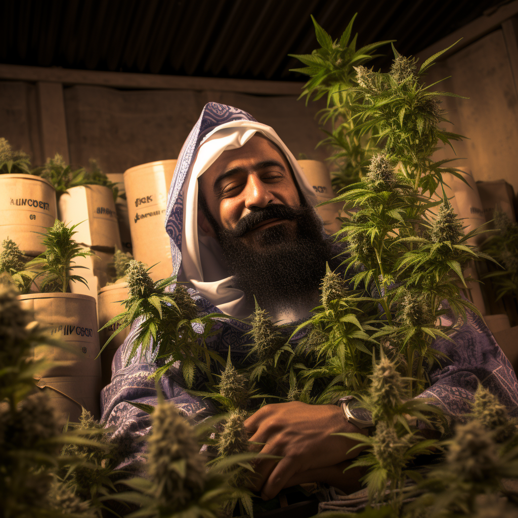 Bin Laden Lookalike surrounded by Marijuana Plants