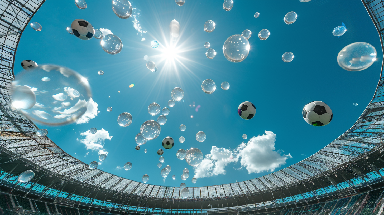 Bingo balls in soccer stadium with blue sky and clouds