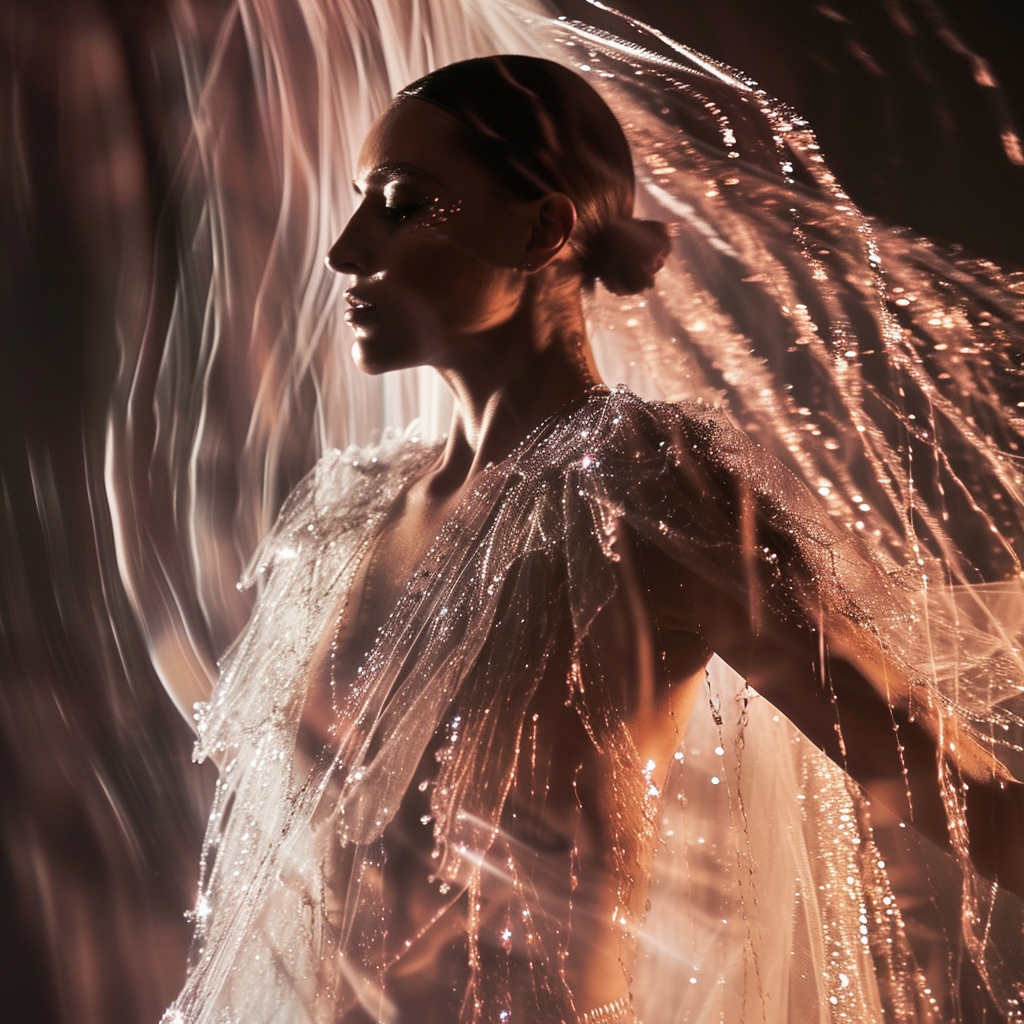 Fashion model in bio-designed fabric with crystals