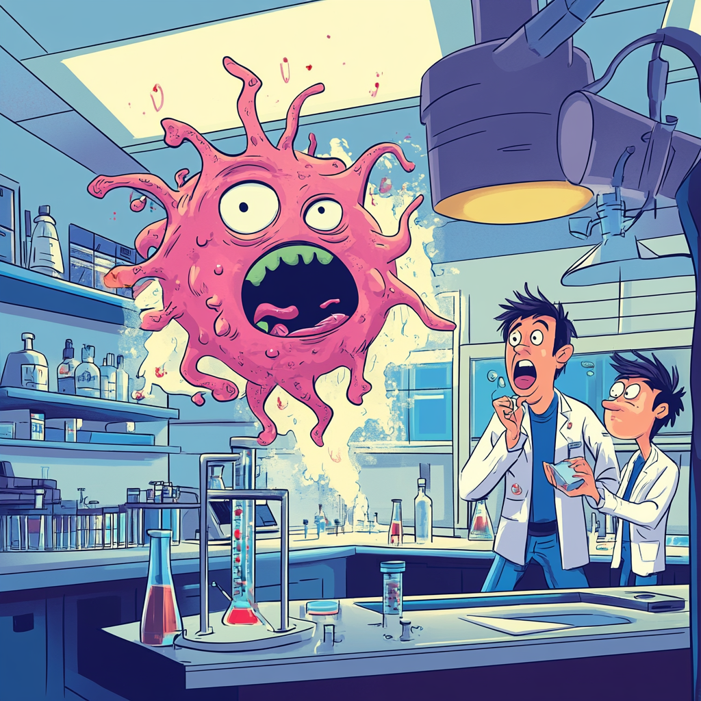 Cartoon lab technician monster spill