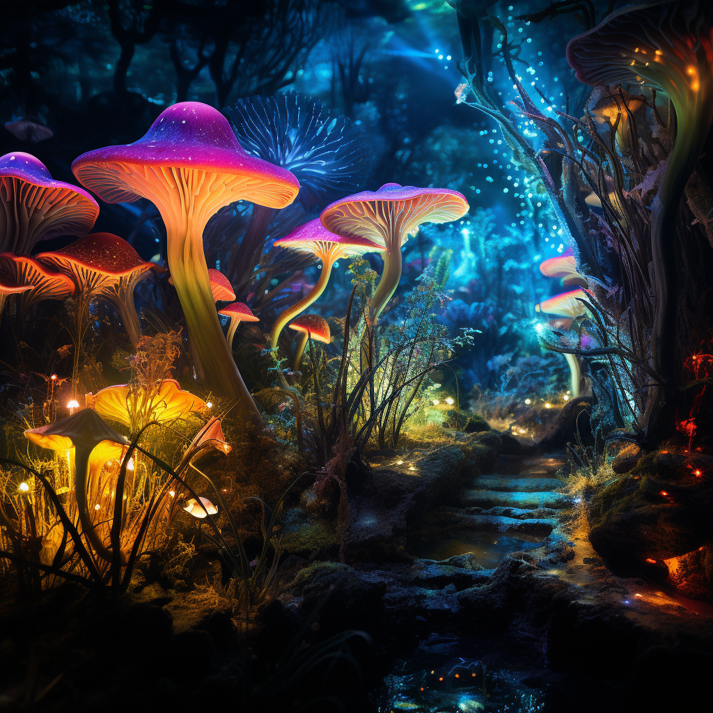 Beautiful bioluminescent garden in full spectrum light