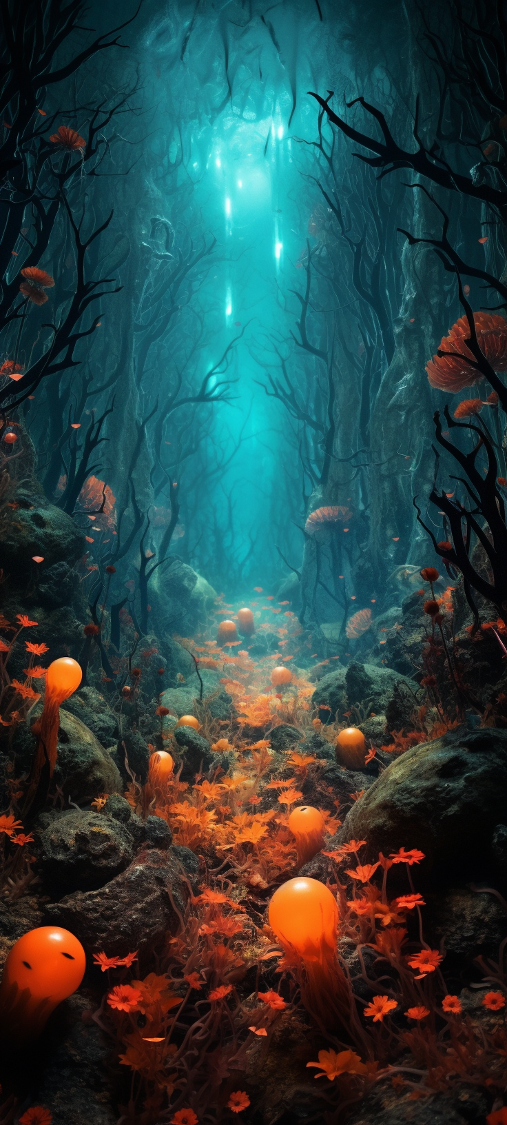 Bioluminescent plants and animals in horror scene