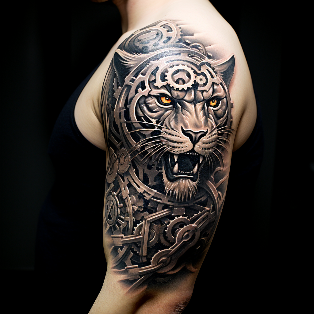 Biomechanical tiger arm tattoo design