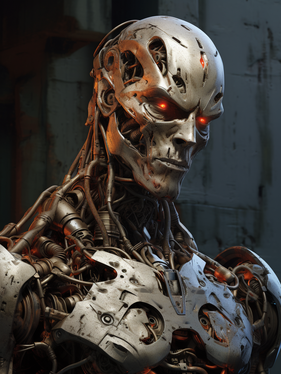 Biomechanical humanoid in eerie comic book style