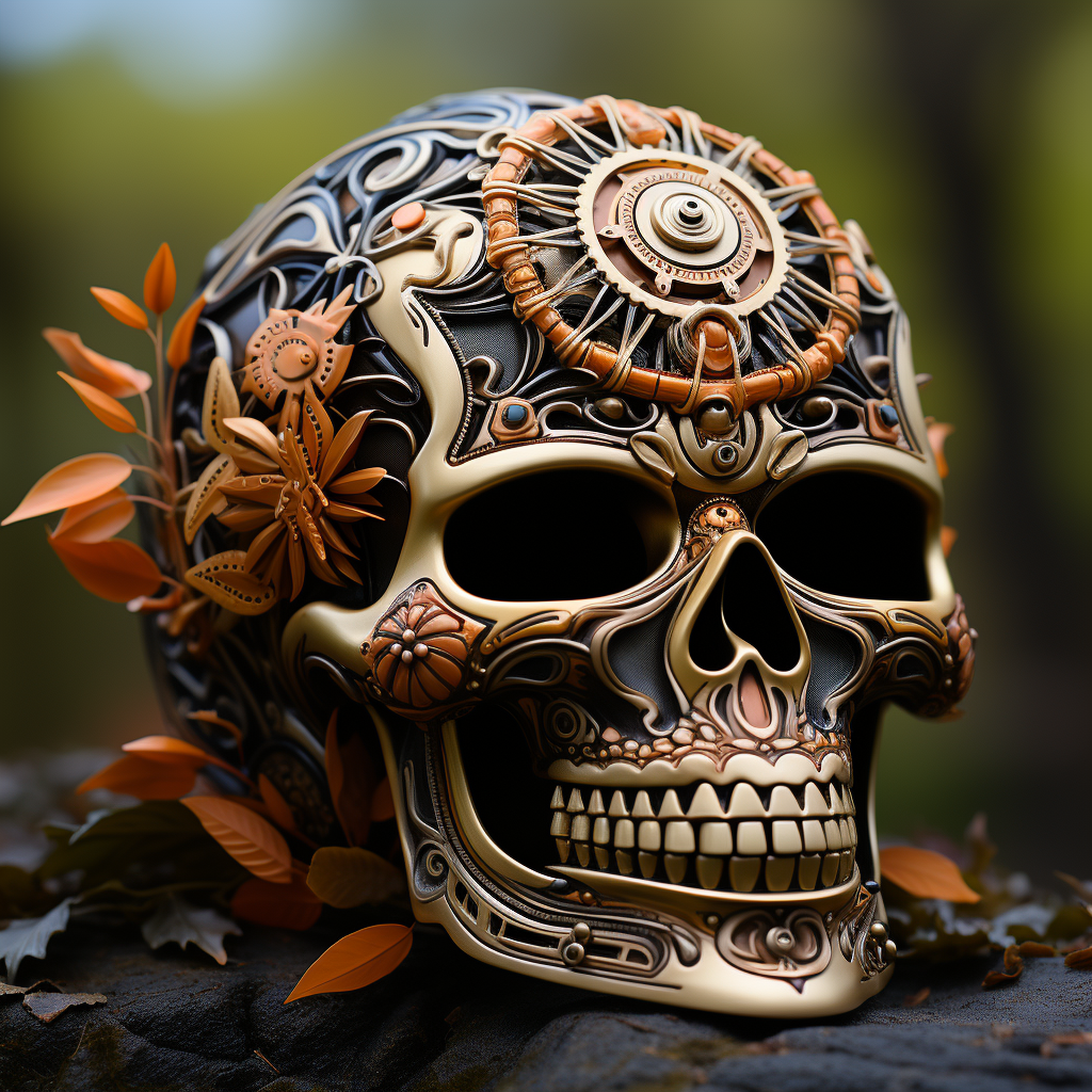 Intricate biomechanical skull with autumn leaves