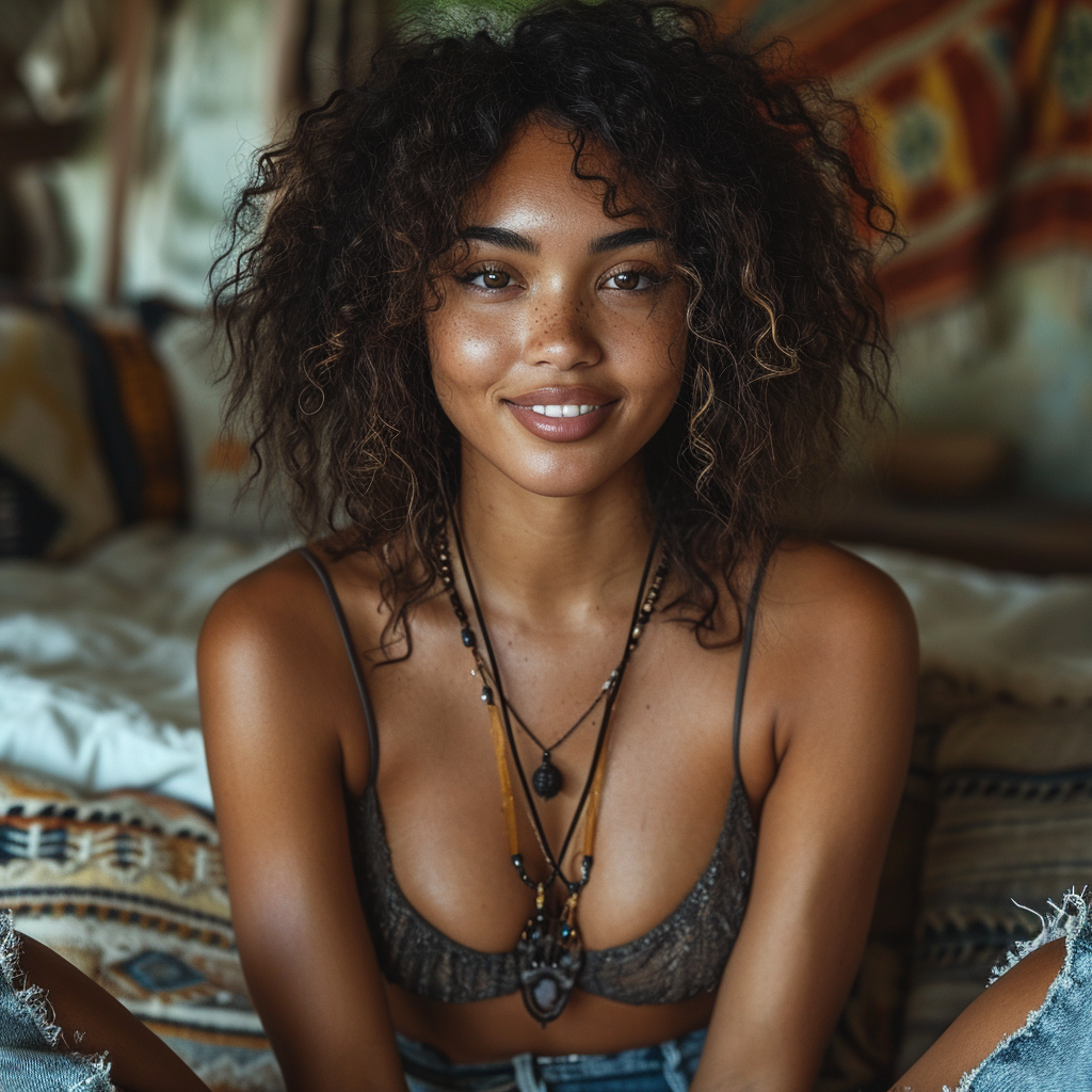 biracial black woman sitting with crossed legs