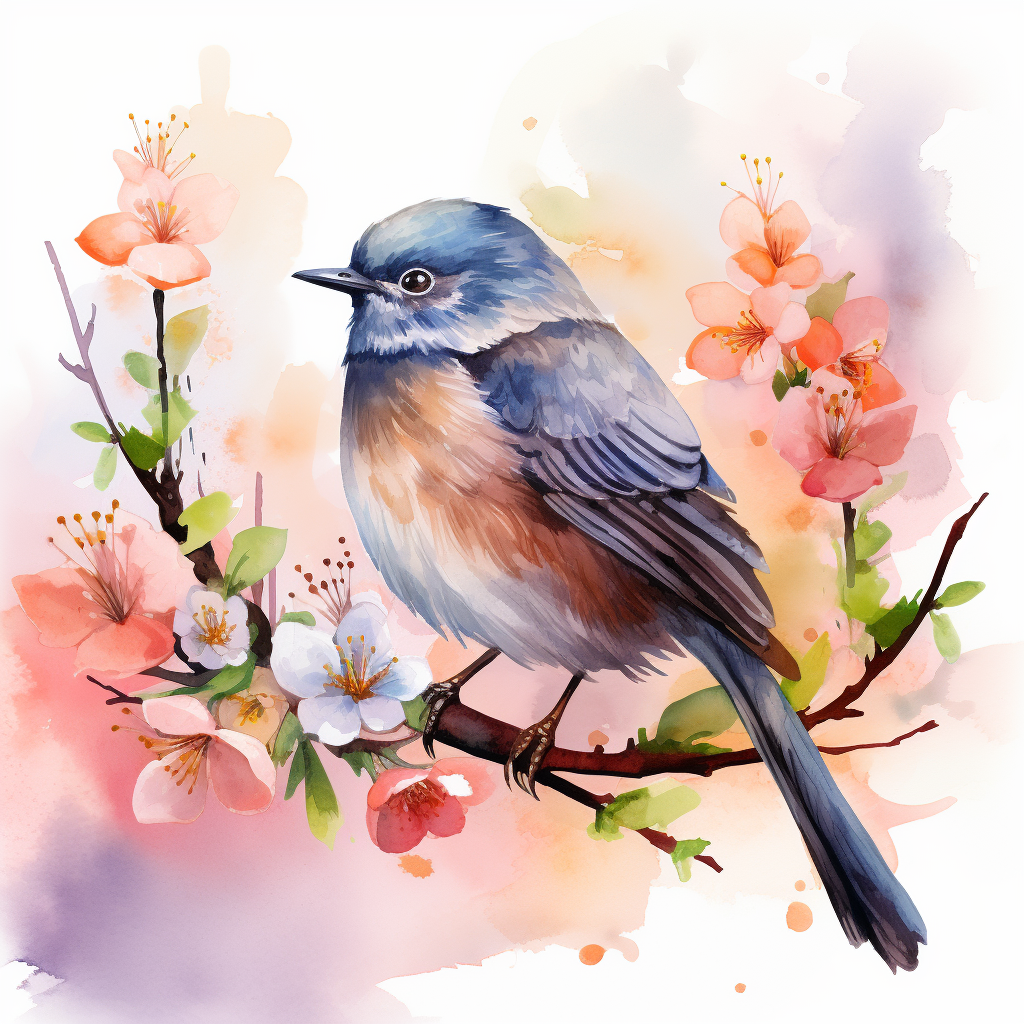 Bird on branch surrounded by flowers watercolor