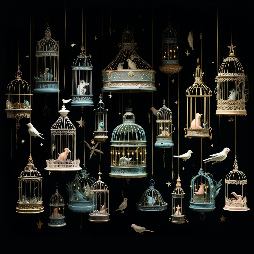 Pale colored bird cages with light and black background