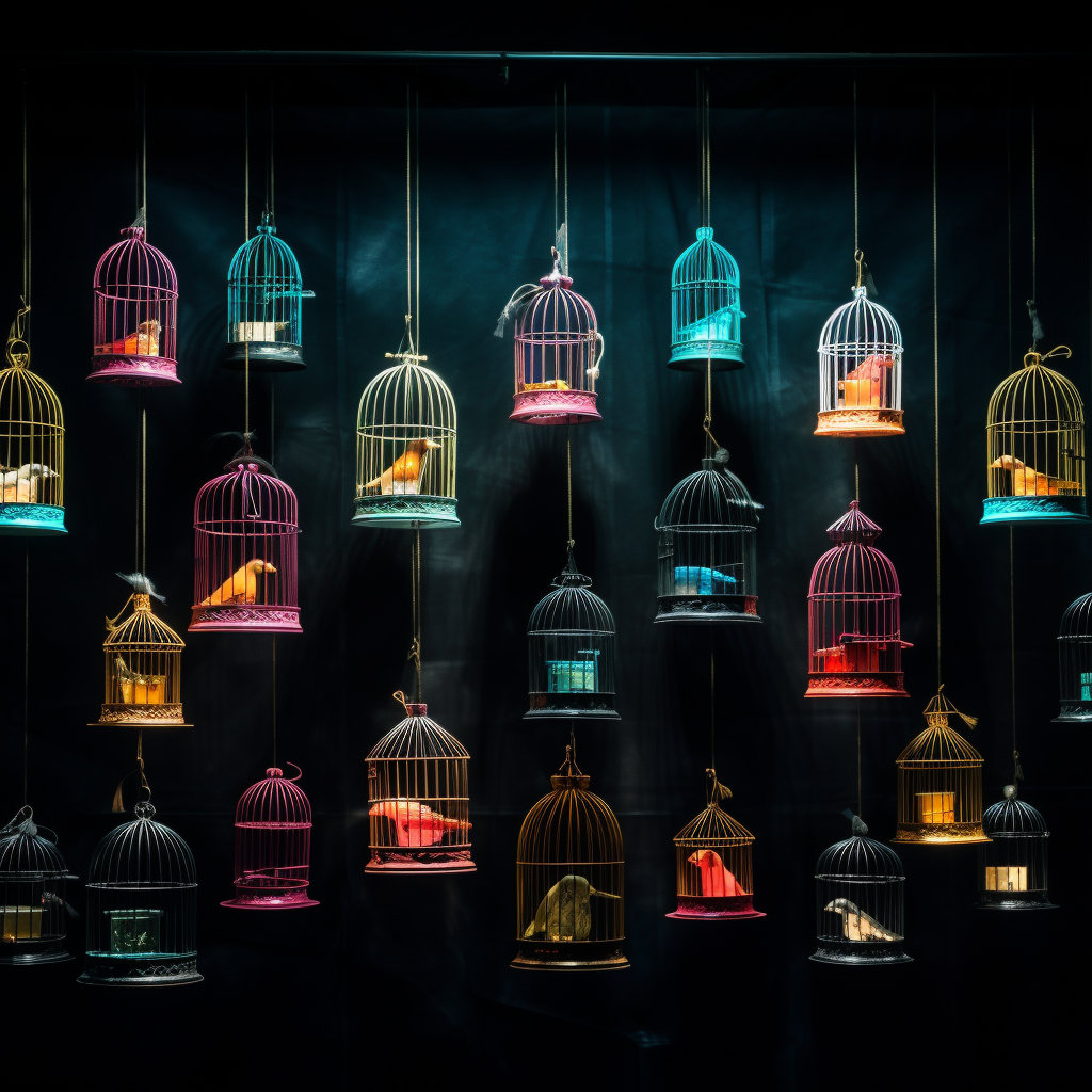 Colorful bird cages on black background