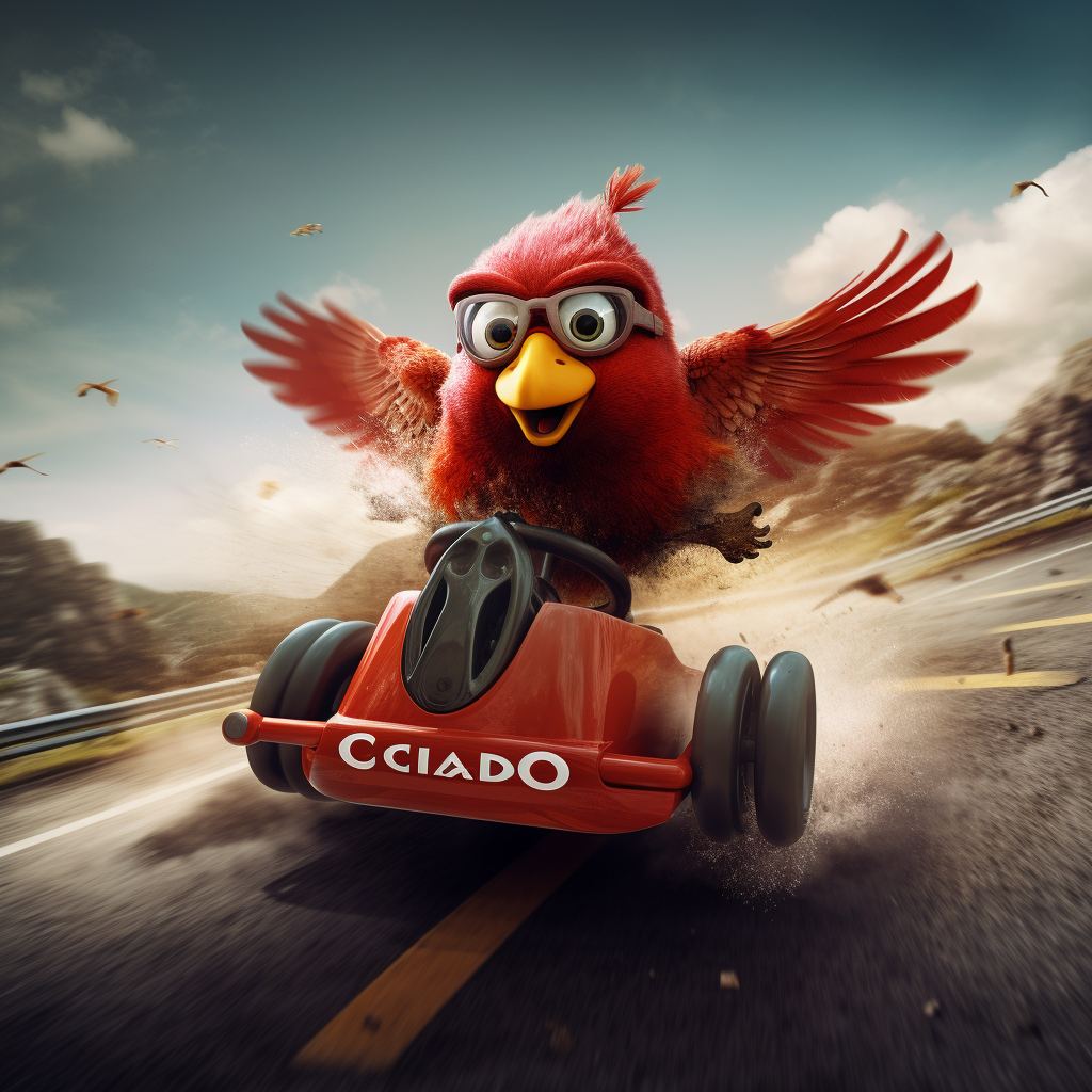 Playful bird Chucao driving Soapbox Race car